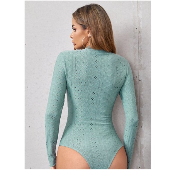 SHEIN | Essence Solid High Neck Pointelle Knit Bodysuit - Picture 3 of 5